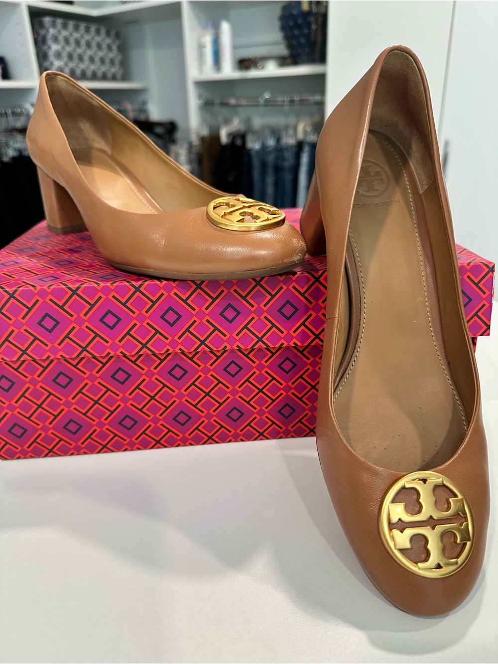 Tory Burch Leather Block Heel Pumps with Gold Logo